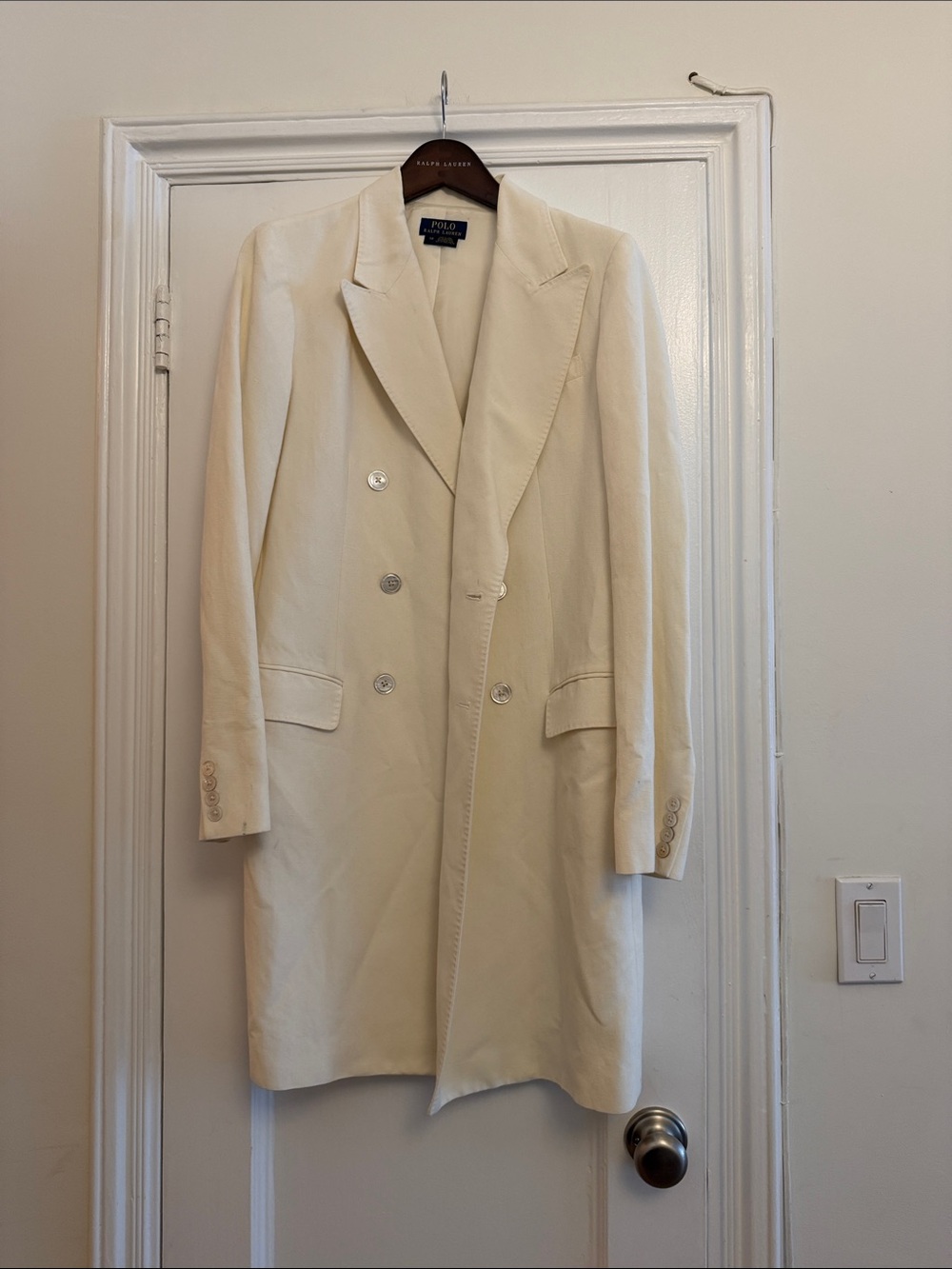 Polo by Ralph Lauren Off-White Double-Breasted Long Linen Blazer